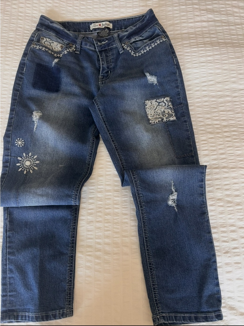 Love Indigo Dark Blue Straight Leg Jeans with Patchwork and Embroidery